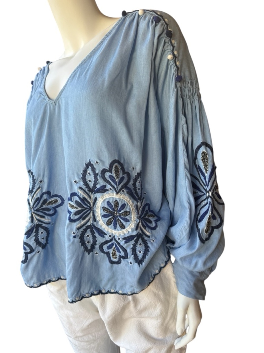 Light Blue Embroidered Boho Peasant Top Med